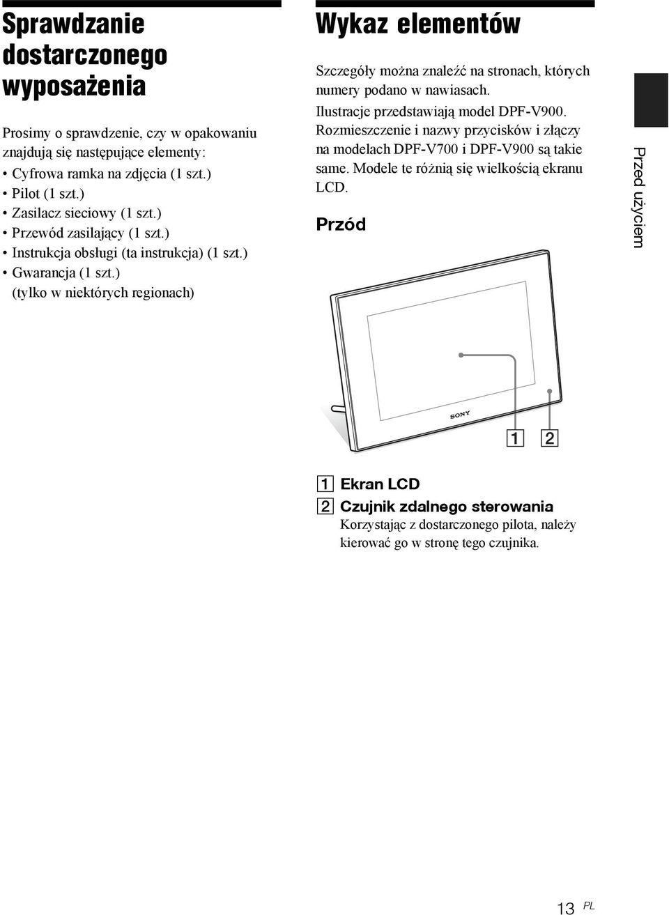 ) (tylko w niektórych regionach) Wykaz elementów Szczegóły można znaleźć na stronach, których numery podano w nawiasach. Ilustracje przedstawiają model DPF-V900.