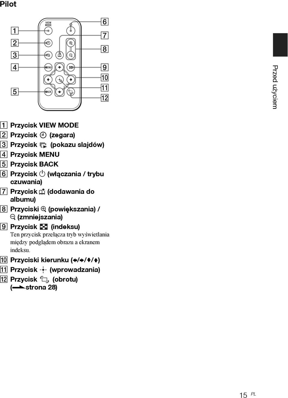(powiększania) / (zmniejszania) I Przycisk (indeksu) Ten przycisk przełącza tryb wyświetlania między