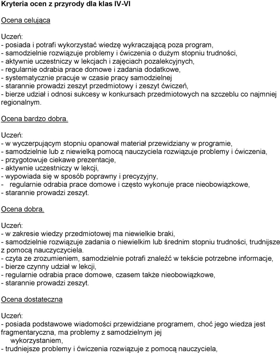 przedmiotowy i zeszyt ćwiczeń, - bierze udział i odnosi sukcesy w konkursach przedmiotowych na szczeblu co najmniej regionalnym. Ocena bardzo dobra.