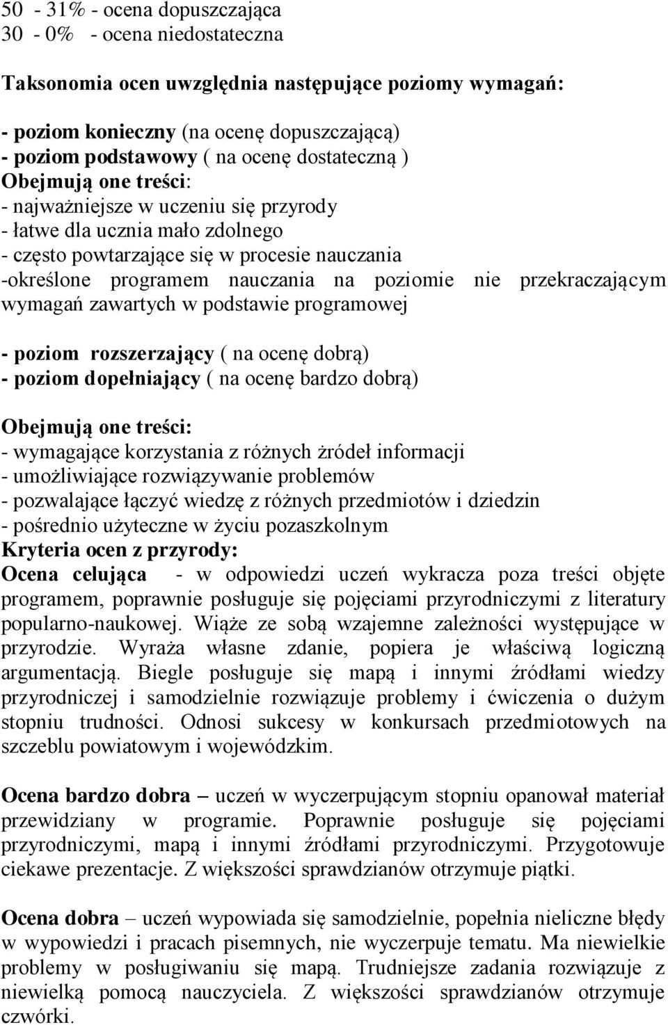 nie przekraczającym wymagań zawartych w podstawie programowej - poziom rozszerzający ( na ocenę dobrą) - poziom dopełniający ( na ocenę bardzo dobrą) Obejmują one treści: - wymagające korzystania z