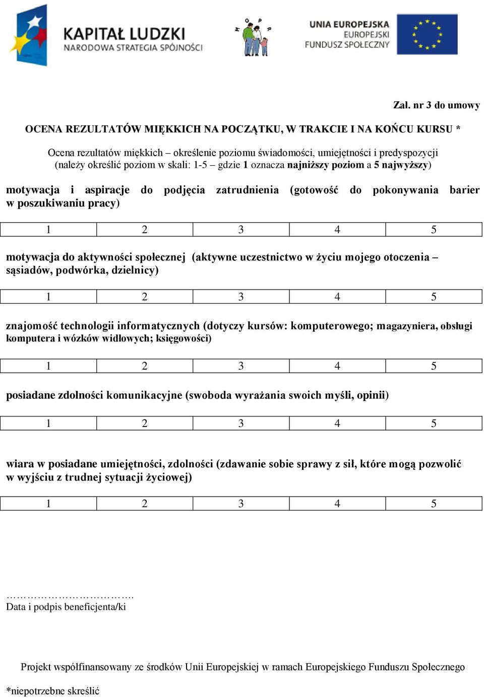 społecznej (aktywne uczestnictwo w życiu mojego otoczenia sąsiadów, podwórka, dzielnicy) 1 2 3 4 5 znajomość technologii informatycznych (dotyczy kursów: komputerowego; magazyniera, obsługi komputera