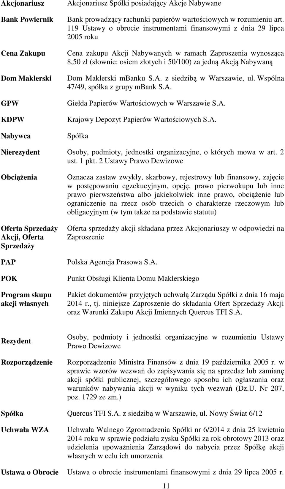 Dom Maklerski mbanku S.A. z siedzibą w Warszawie, ul. Wspólna 47/49, spółka z grupy mbank S.A. Giełda Papierów Wartościowych w Warszawie S.A. Krajowy Depozyt Papierów Wartościowych S.A. Spółka Nierezydent Osoby, podmioty, jednostki organizacyjne, o których mowa w art.