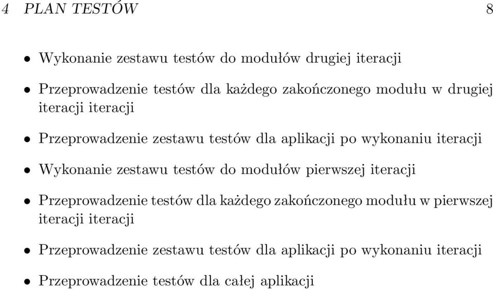 zestawu testów do modułów pierwszej iteracji Przeprowadzenie testów dla każdego zakończonego modułu w pierwszej