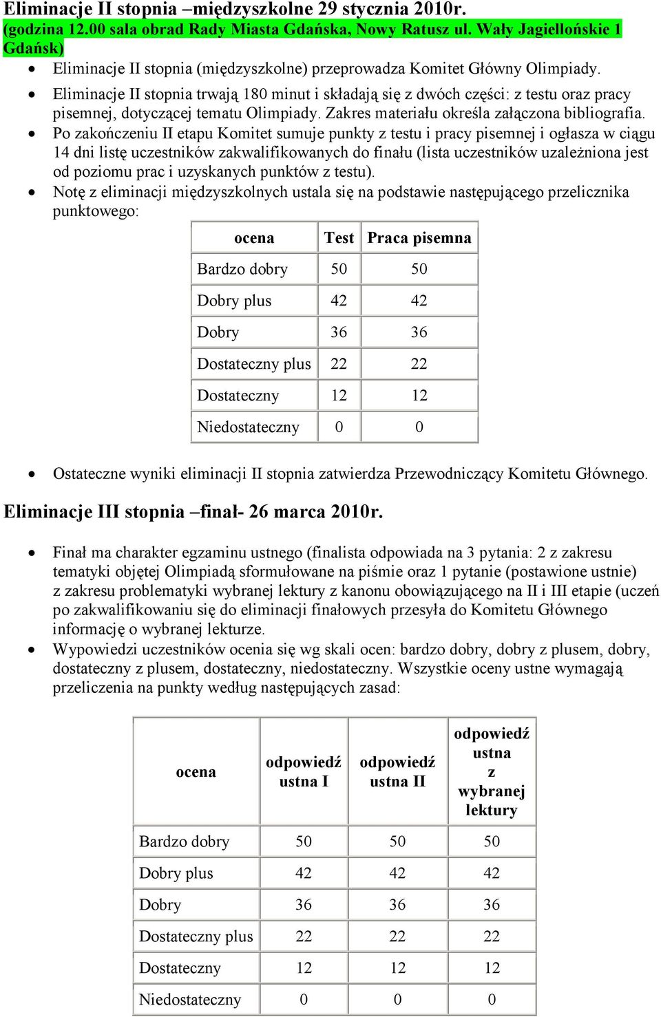 Eliminacje II stopnia trwają 180 minut i składają się z dwóch części: z testu oraz pracy pisemnej, dotyczącej tematu Olimpiady. Zakres materiału określa załączona bibliografia.