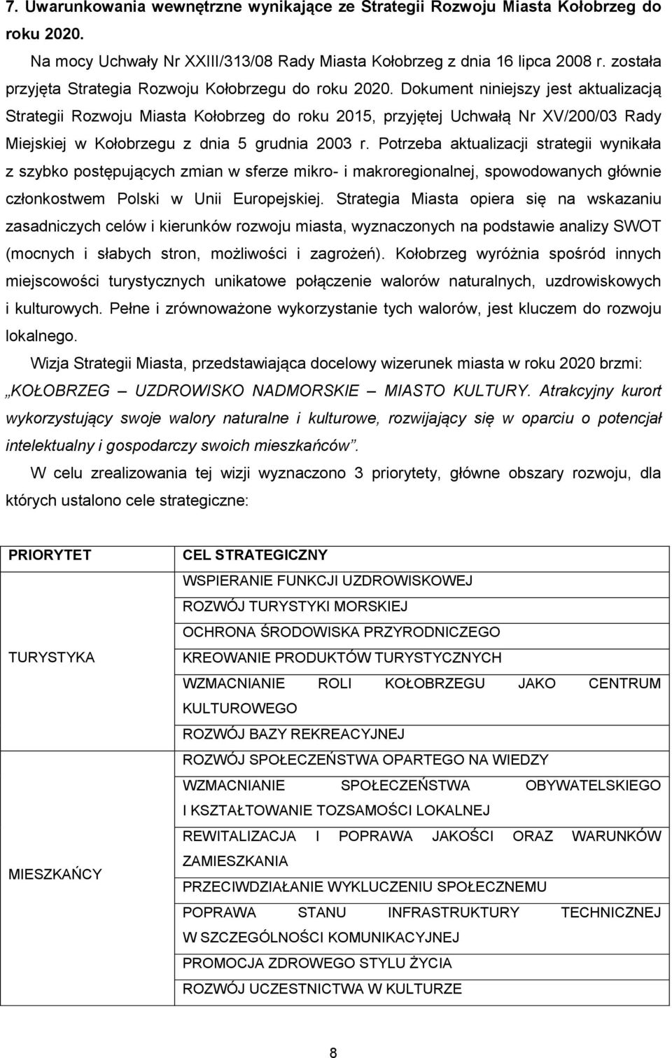 Dokument niniejszy jest aktualizacją Strategii Rozwoju Miasta Kołobrzeg do roku 2015, przyjętej Uchwałą Nr XV/200/03 Rady Miejskiej w Kołobrzegu z dnia 5 grudnia 2003 r.