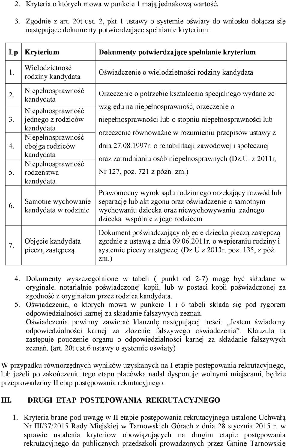 Wielodzietność rodziny jednego z rodziców obojga rodziców rodzeństwa Samotne wychowanie w rodzinie Objęcie pieczą zastępczą Oświadczenie o wielodzietności rodziny Orzeczenie o potrzebie kształcenia