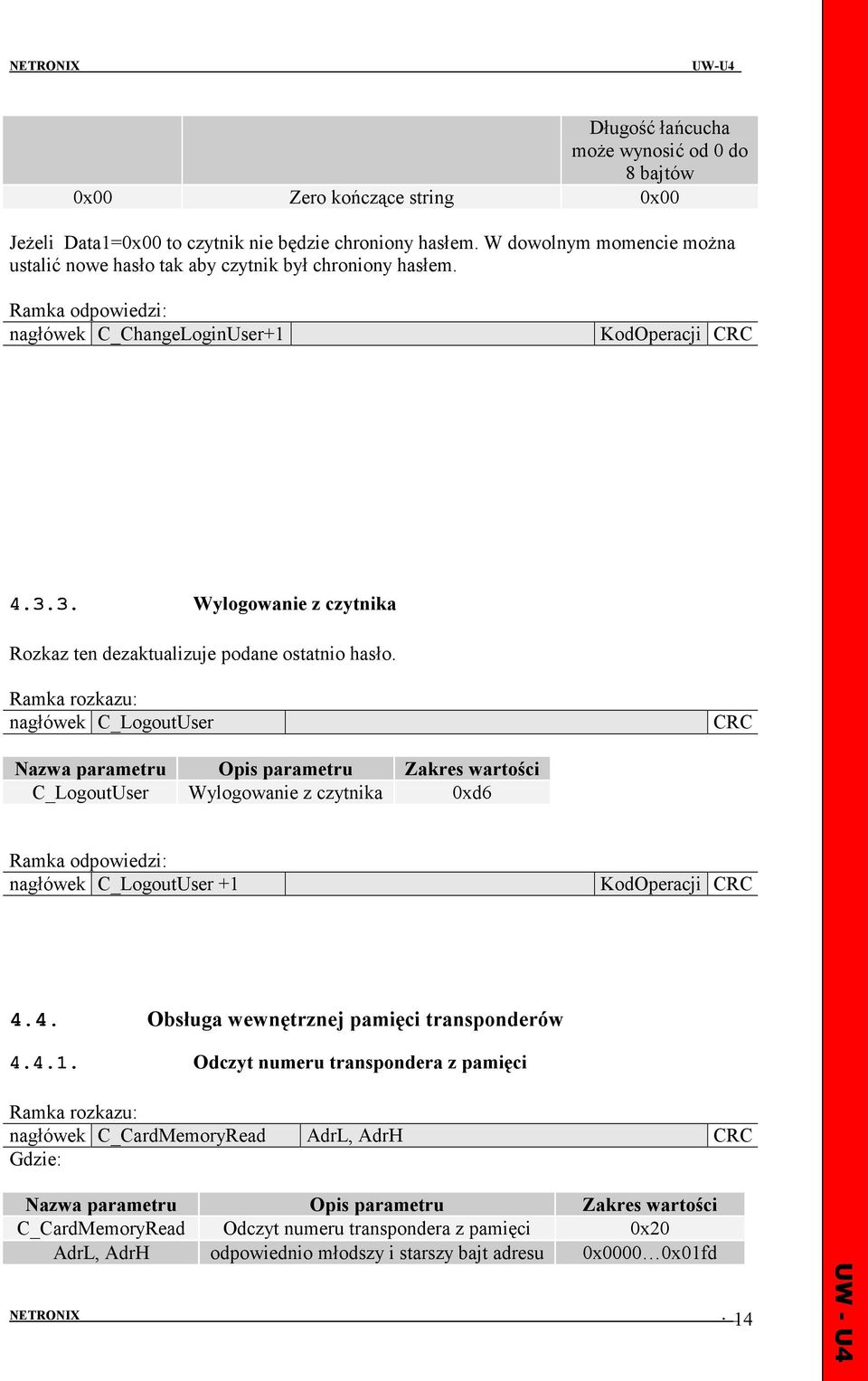 3. Wylogowanie z czytnika Rozkaz ten dezaktualizuje podane ostatnio hasło. nagłówek C_LogoutUser CRC C_LogoutUser Wylogowanie z czytnika 0xd6 nagłówek C_LogoutUser +1 4.