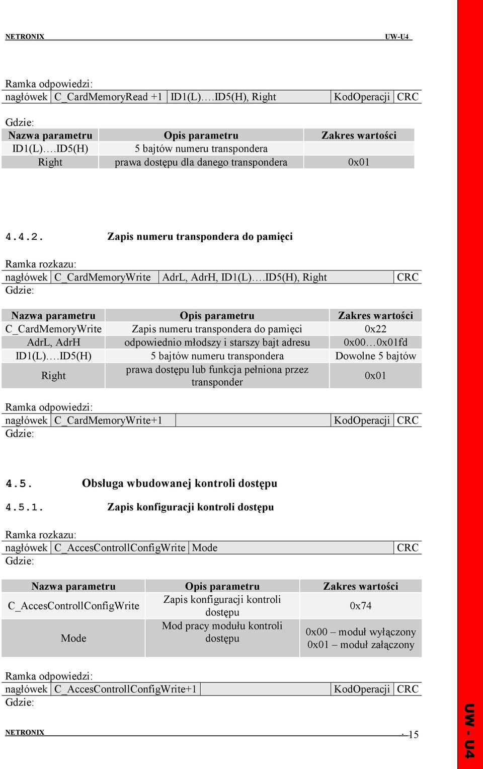 ID5(H), Right CRC C_CardMemoryWrite Zapis numeru transpondera do pamięci 0x22 AdrL, AdrH odpowiednio młodszy i starszy bajt adresu 0x00 0x01fd ID1(L).