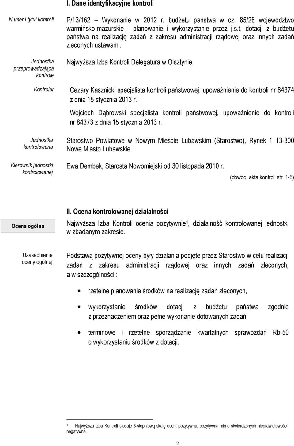Najwyższa Izba Kontroli Delegatura w Olsztynie. Kontroler Cezary Kasznicki specjalista kontroli państwowej, upoważnienie do kontroli nr 84374 z dnia 15 stycznia 2013 r.