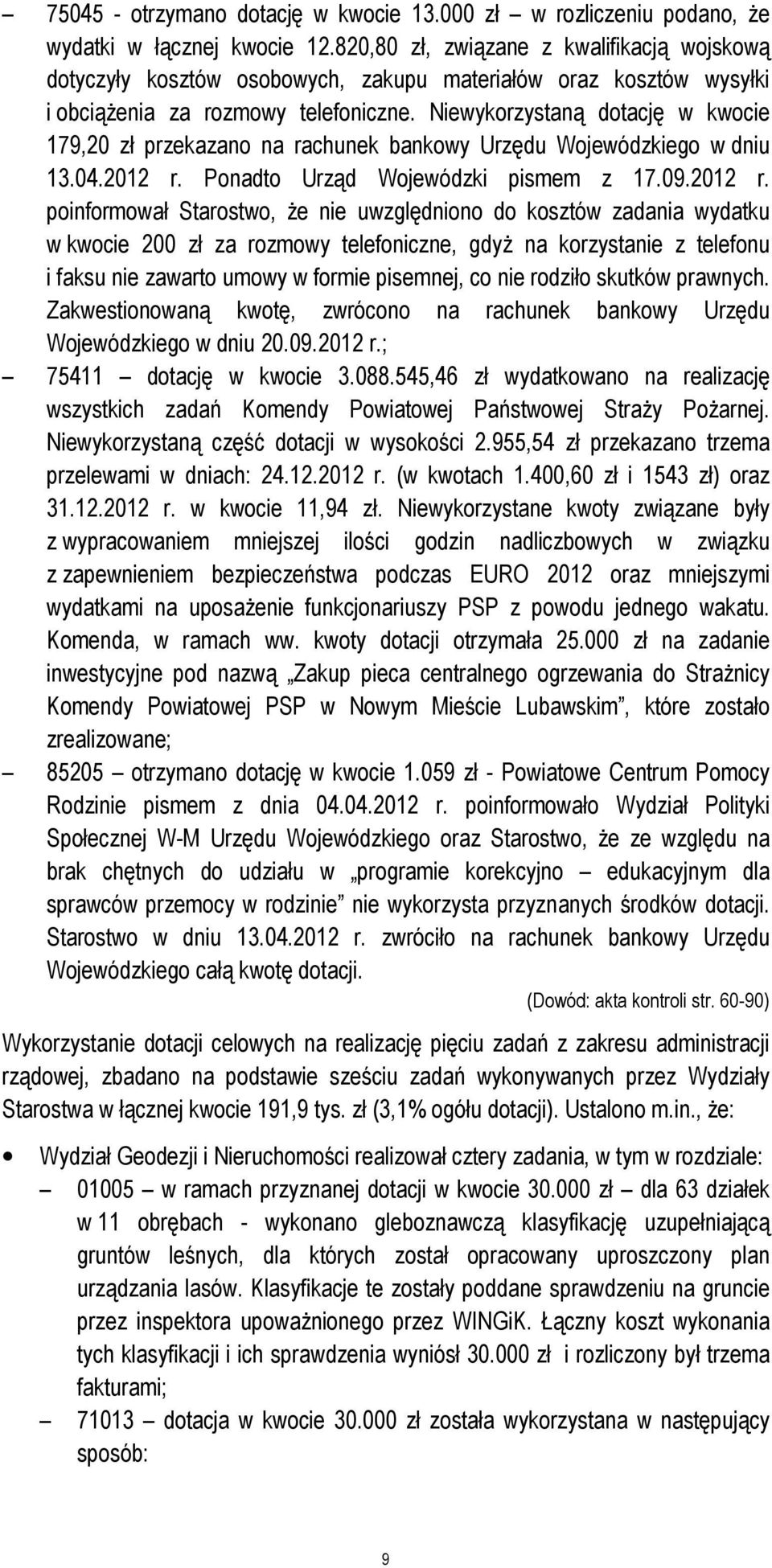 Niewykorzystaną dotację w kwocie 179,20 zł przekazano na rachunek bankowy Urzędu Wojewódzkiego w dniu 13.04.2012 r.