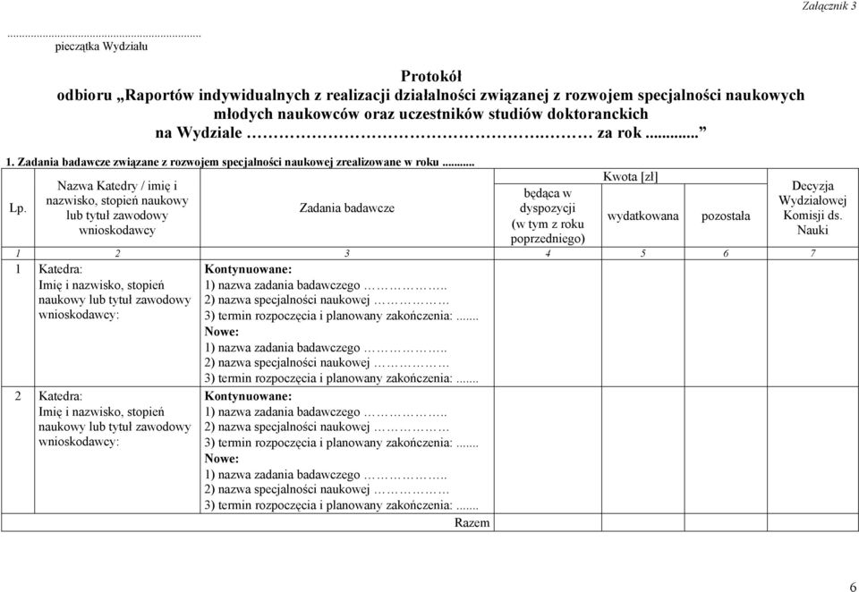 za rok.... Zadania badawcze związane z rozwojem specjalności naukowej zrealizowane w roku.