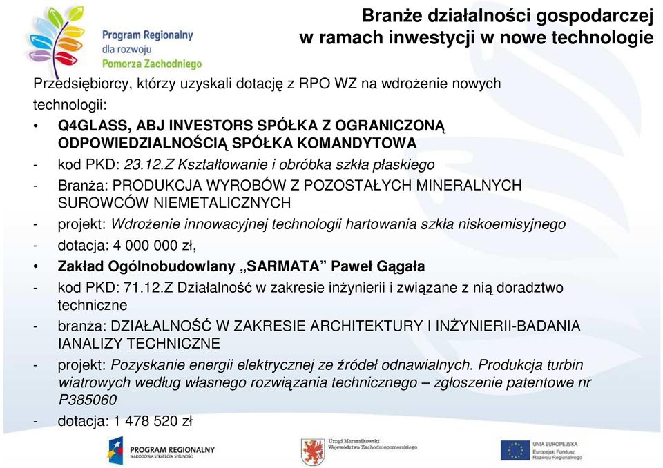 Z Kształtowanie i obróbka szkła płaskiego - BranŜa: PRODUKCJA WYROBÓW Z POZOSTAŁYCH MINERALNYCH SUROWCÓW NIEMETALICZNYCH - projekt: WdroŜenie innowacyjnej technologii hartowania szkła niskoemisyjnego