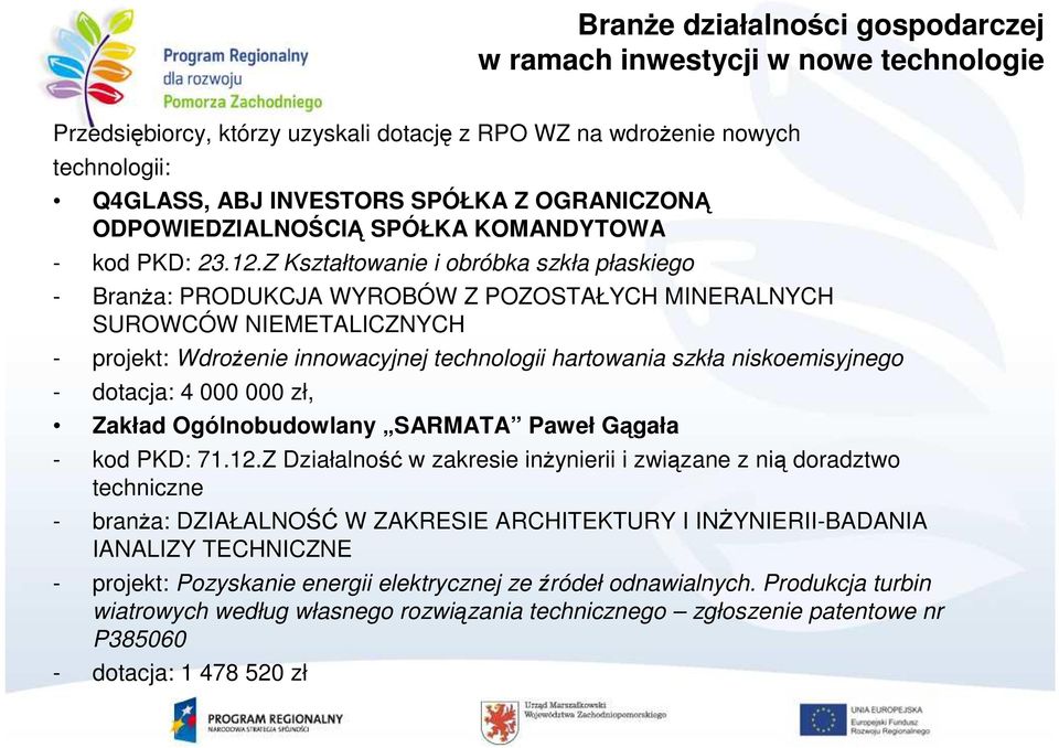 Z Kształtowanie i obróbka szkła płaskiego - BranŜa: PRODUKCJA WYROBÓW Z POZOSTAŁYCH MINERALNYCH SUROWCÓW NIEMETALICZNYCH - projekt: WdroŜenie innowacyjnej technologii hartowania szkła niskoemisyjnego