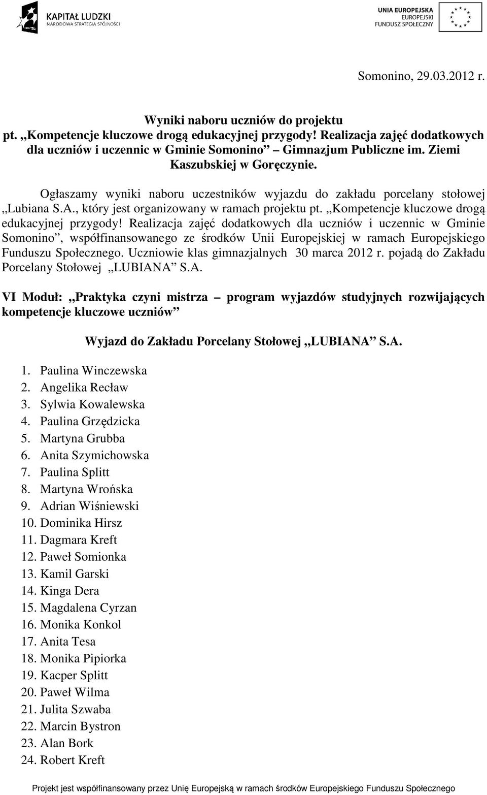 Ogłaszamy wyniki naboru uczestników wyjazdu do zakładu porcelany stołowej Lubiana S.A., który jest organizowany w ramach projektu pt. Kompetencje kluczowe drogą edukacyjnej przygody!