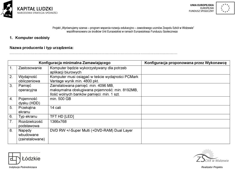 Wydajność Komputer musi osiągać w teście wydajności PCMark obliczeniowa Vantage wynik min. 4800 pkt. 3. Pamięć Zainstalowana pamięć: min. 4096 MB, operacyjna maksymalna obsługiwana pojemność: min.