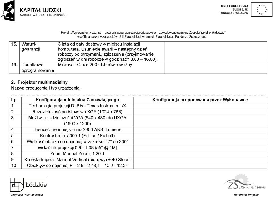 Usunięcie awarii następny dzień roboczy po otrzymaniu zgłoszenia (przyjmowanie zgłoszeń w dni robocze w godzinach 8.00 16.00). Microsoft Office 2007 lub równoważny 2.