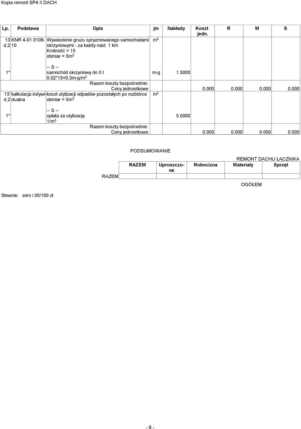 0000 1/ 3 PODSUMOWANIE 3 1* saochód skrzyniowy do 5 t -g 1.5000 0.02*15=0.