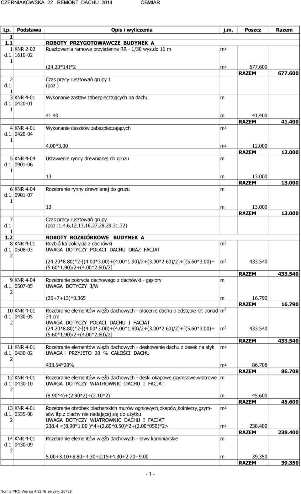 00 Wykonanie daszków zabezpieczających.00*.00.000 RAZEM.000 Ustawienie rynny drewnianej do gruzu.000 RAZEM.000 Rozebranie rynny drewnianej do gruzu.000 RAZEM.000 Czas pracy rusztowań grupy (poz.