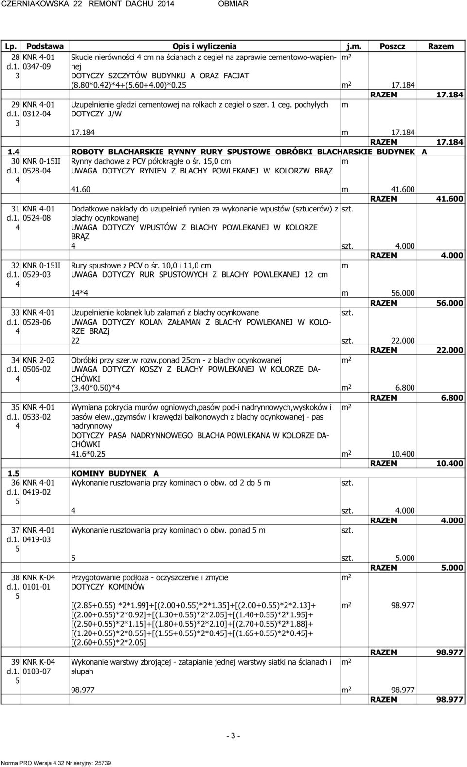 8 Uzupełnienie gładzi ceentowej na rolkach z cegieł o szer. ceg. pochyłych.8.8 RAZEM.8. ROBOTY BLACHARSKIE RYNNY RURY SPUSTOWE OBRÓBKI BLACHARSKIE BUDYNEK A 0 KNR 0-II d.. 08-0 KNR -0 d.