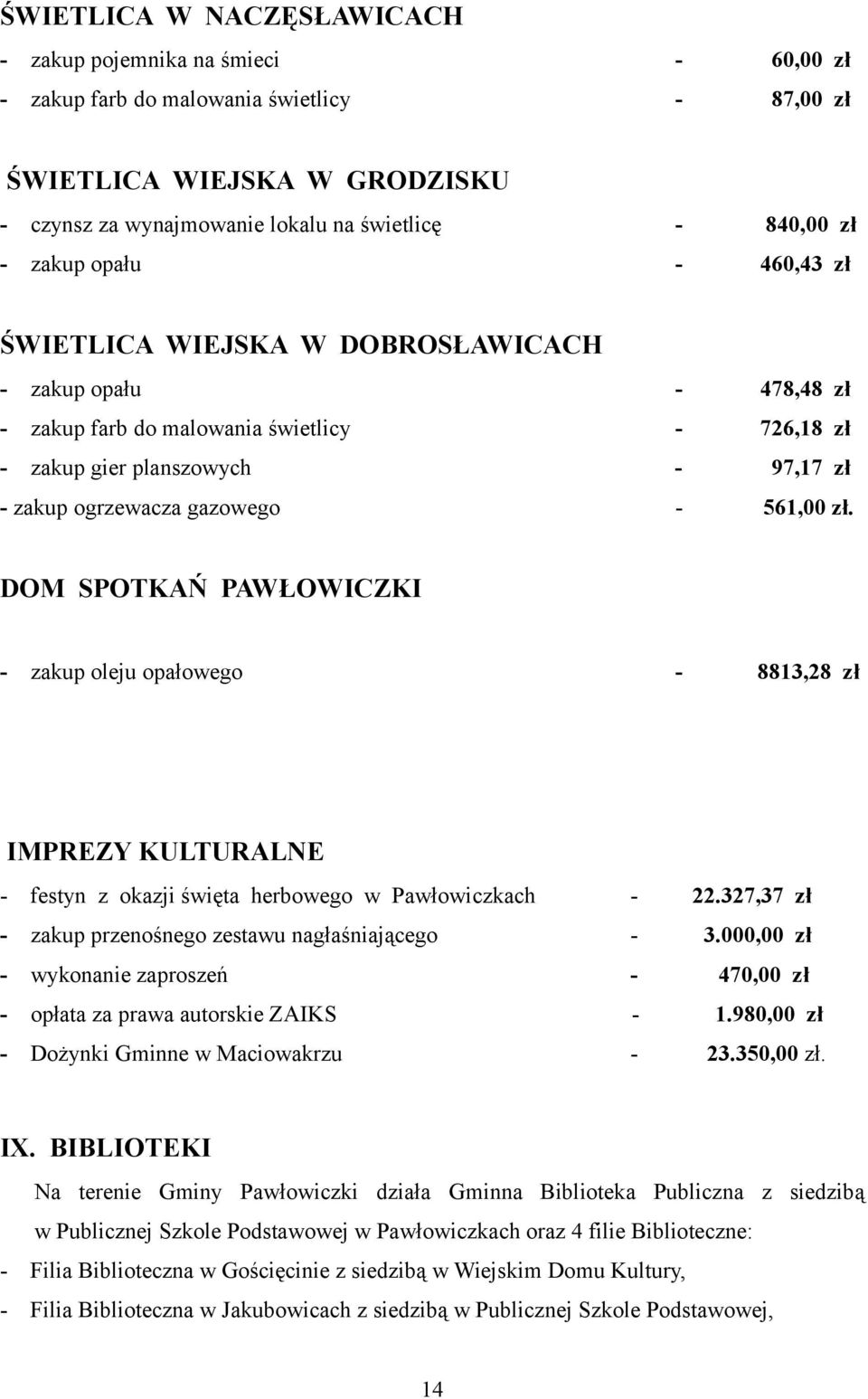 DOM SPOTKAŃ PAWŁOWICZKI - zakup oleju opałowego - 8813,28 IMPREZY KULTURALNE - festyn z okazji święta herbowego w Pawłowiczkach - 22.327,37 - zakup przenośnego zestawu nagłaśniającego - 3.
