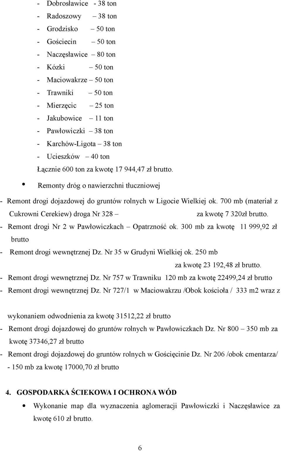 Remonty dróg o nawierzchni tłuczniowej - Remont drogi dojazdowej do gruntów rolnych w Ligocie Wielkiej ok. 700 mb (materiał z Cukrowni Cerekiew) droga Nr 328 za kwotę 7 320 brutto.