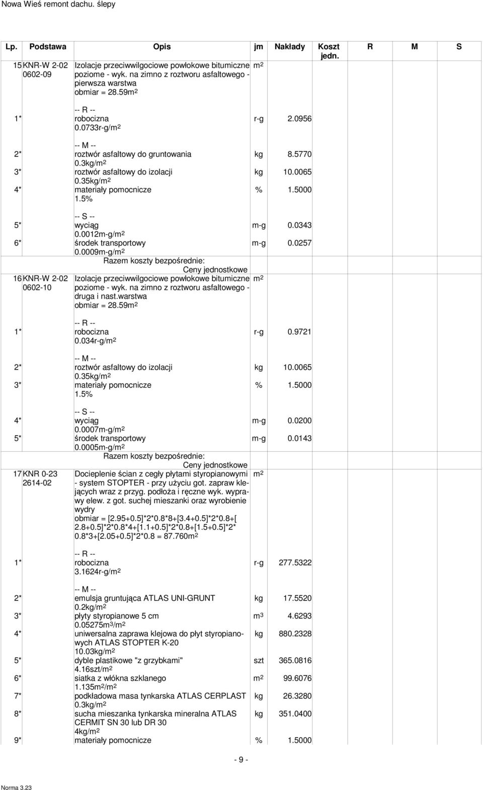 0012-g/ 6* środek transportowy -g 0.0257 0.0009-g/ 16 KNR-W 2-02 0602-10 Izolacje przeciwwilgociowe powłokowe bituiczne pozioe - wyk. na zino z roztworu asfaltowego - druga i nast.warstwa obiar = 28.