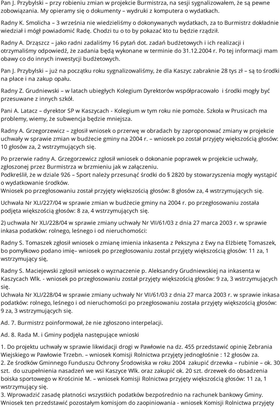 Drząszcz jako radni zadaliśmy 16 pytań dot. zadań budżetowych i ich realizacji i otrzymaliśmy odpowiedź, że zadania będą wykonane w terminie do 31.12.2004 r.