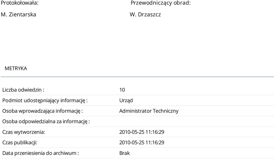 wprowadzająca informację : Urząd Administrator Techniczny Osoba odpowiedzialna za