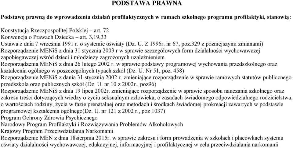 329 z późniejszymi zmianami) Rozporządzenie MENiS z dnia 31 stycznia 2003 r w sprawie szczegółowych form działalności wychowawczej zapobiegawczej wśród dzieci i młodzieży zagrożonych uzależnieniem