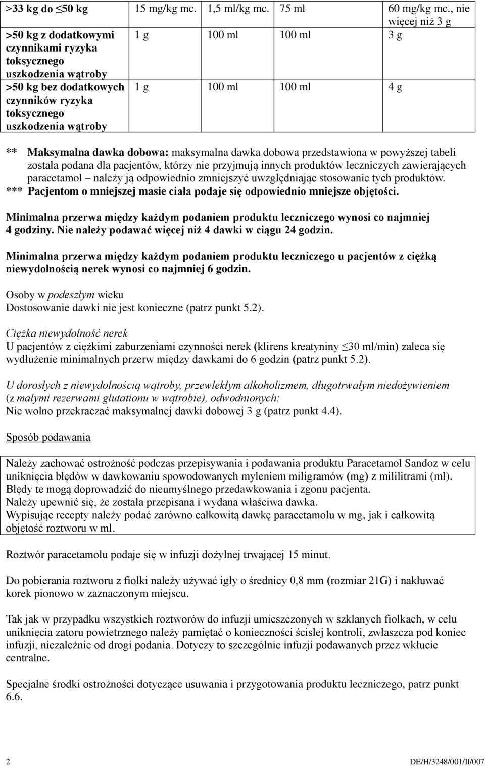 100 ml 4 g ** Maksymalna dawka dobowa: maksymalna dawka dobowa przedstawiona w powyższej tabeli została podana dla pacjentów, którzy nie przyjmują innych produktów leczniczych zawierających
