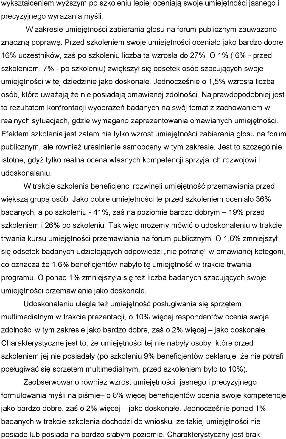 O 1% ( 6% - przed szkoleniem, 7% - po szkoleniu) zwiększył się odsetek osób szacujących swoje umiejętności w tej dziedzinie jako doskonałe.