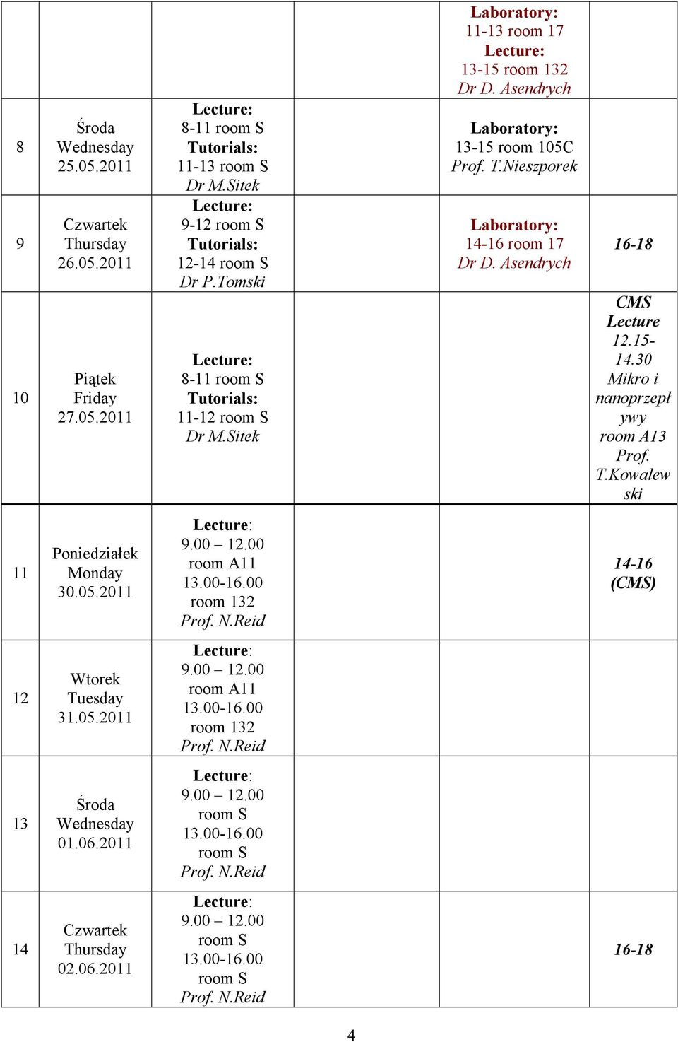 Kowalew ski 11 30.05.2011 9.00 12.00 room A11 13.00-16.00 room 132 Prof. N.Reid 14-16 12 31.05.2011 9.00 12.00 room A11 13.00-16.00 room 132 Prof. N.Reid 13 01.