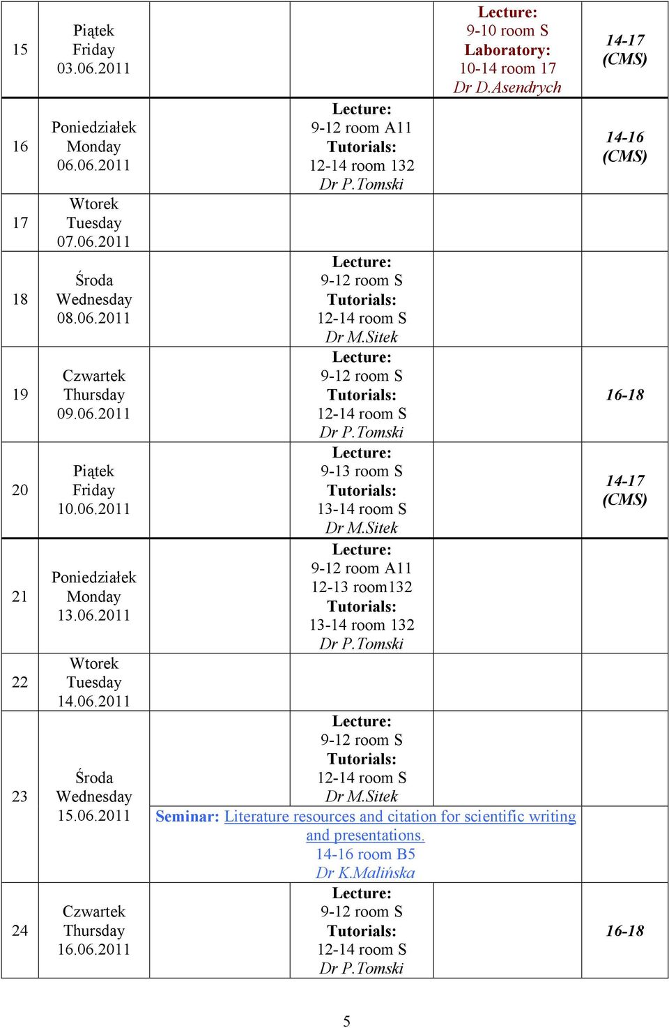 9-10 room S 10-14 room 17 Dr D.Asendrych 15.06.