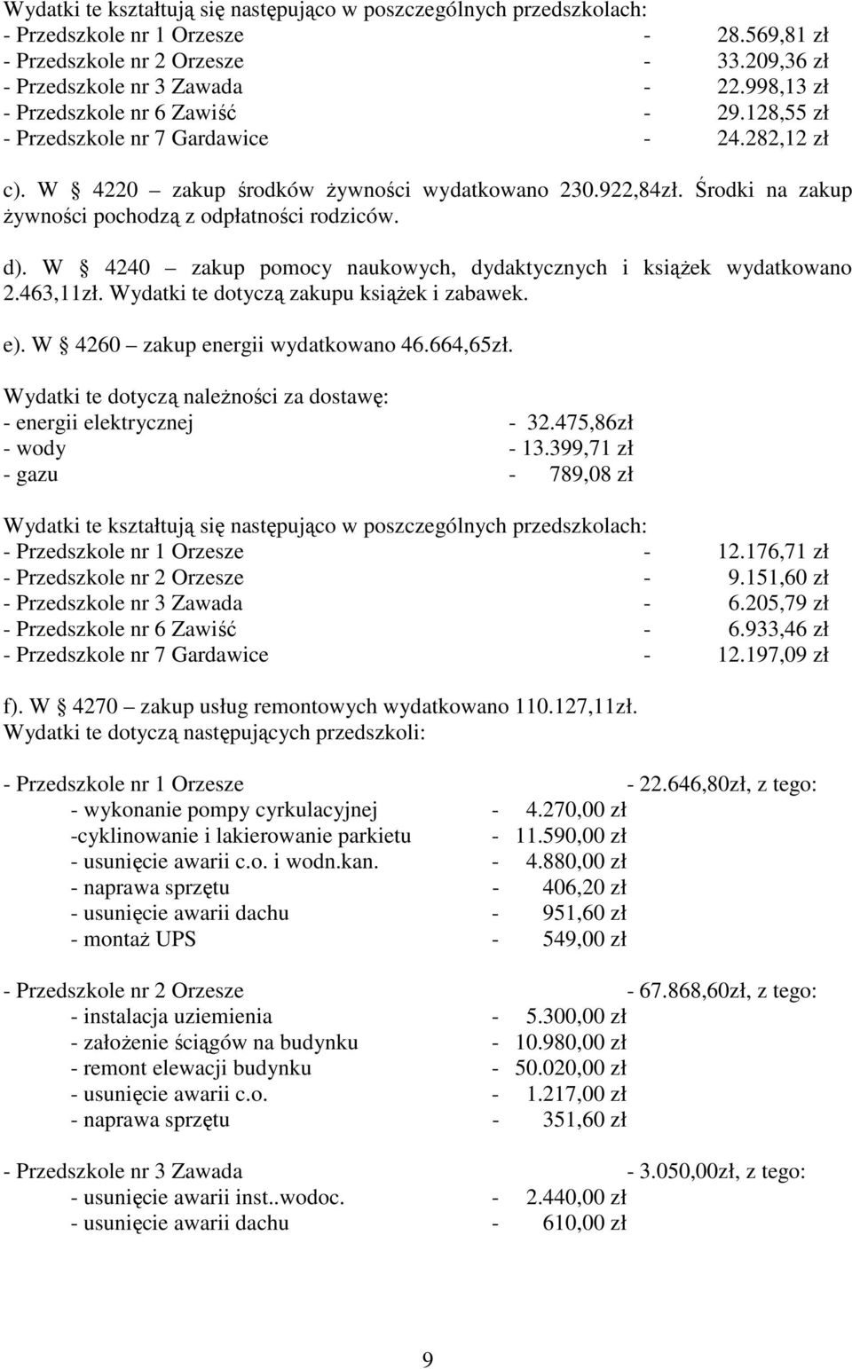Środki na zakup Ŝywności pochodzą z odpłatności rodziców. d). W 4240 zakup pomocy naukowych, dydaktycznych i ksiąŝek wydatkowano 2.463,11zł. Wydatki te dotyczą zakupu ksiąŝek i zabawek. e).
