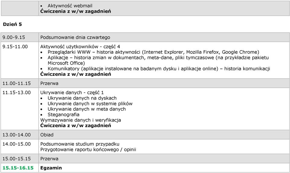 meta-dane, pliki tymczasowe (na przykładzie pakietu Microsoft Office) Komunikatory (aplikacje instalowane na badanym dysku i aplikacje online) historia komunikacji 11.