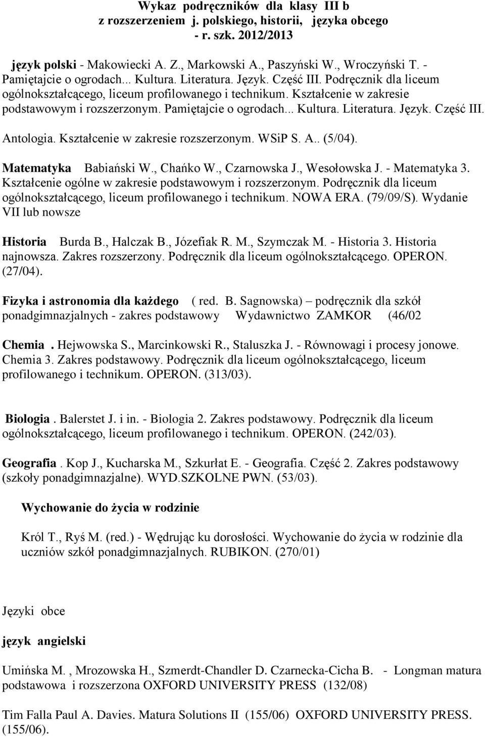 Pamiętajcie o ogrodach... Kultura. Literatura. Język. Część III. Antologia. Kształcenie w zakresie rozszerzonym. WSiP S. A.. (5/04). Matematyka Babiański W., Chańko W., Czarnowska J., Wesołowska J.