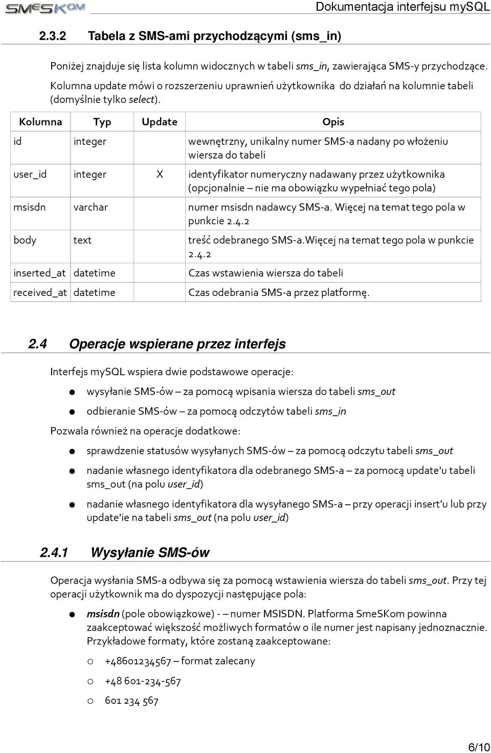 Kolumna Typ Update Opis id integer wewnętrzny, unikalny numer SMS-a nadany po włożeniu wiersza do tabeli user_id integer X identyfikator numeryczny nadawany przez użytkownika (opcjonalnie nie ma