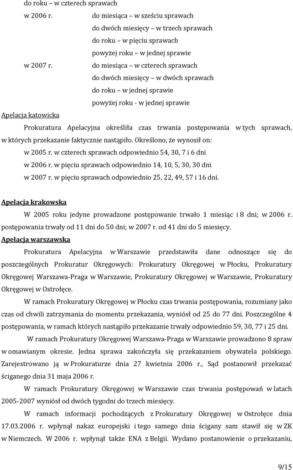 postępowania w tych sprawach, w których przekazanie faktycznie nastąpiło. Określono, że wynosił on: w 2005 r. w czterech sprawach odpowiednio 54, 30, 7 i 6 dni w 2006 r.