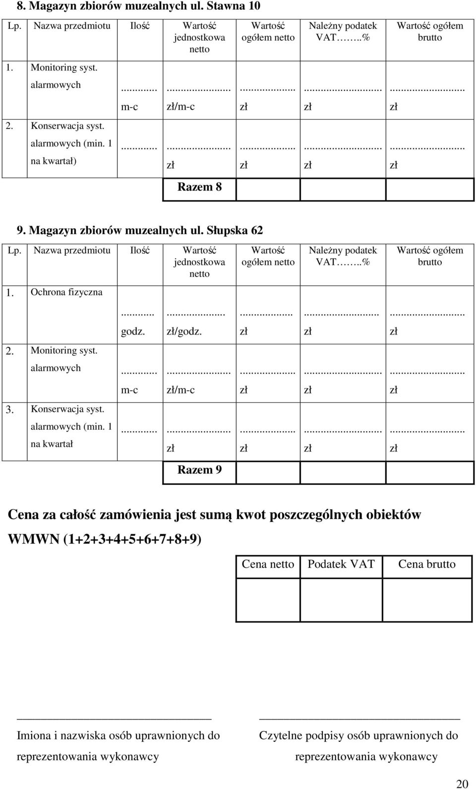 Ochrona fizyczna 2. Monitoring syst.... godz. alarmowych... 3. Konserwacja syst. alarmowych (min. 1 na kwartał m-c. /godz.... /m-c...... Razem 9 Wartość ogółem netto... NaleŜny podatek VAT..%.