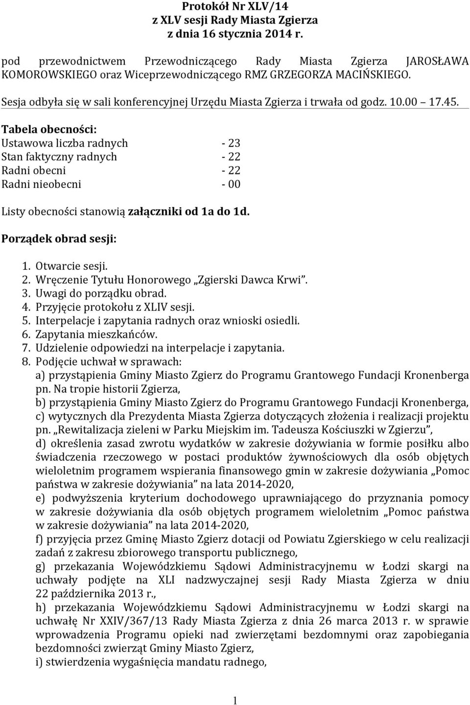 Sesja odbyła się w sali konferencyjnej Urzędu Miasta Zgierza i trwała od godz. 10.00 17.45.