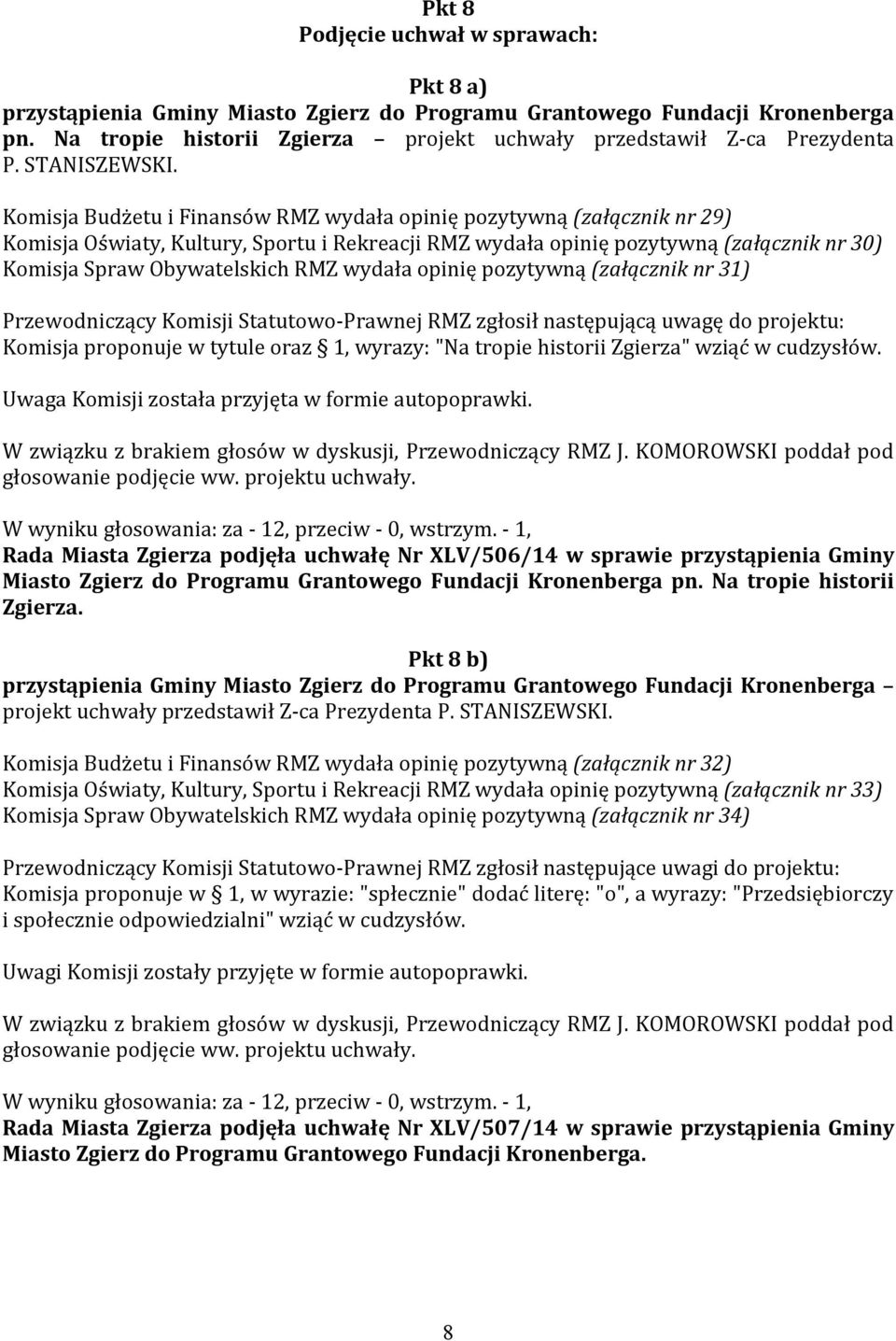 Komisja Budżetu i Finansów RMZ wydała opinię pozytywną (załącznik nr 29) Komisja Oświaty, Kultury, Sportu i Rekreacji RMZ wydała opinię pozytywną (załącznik nr 30) Komisja Spraw Obywatelskich RMZ