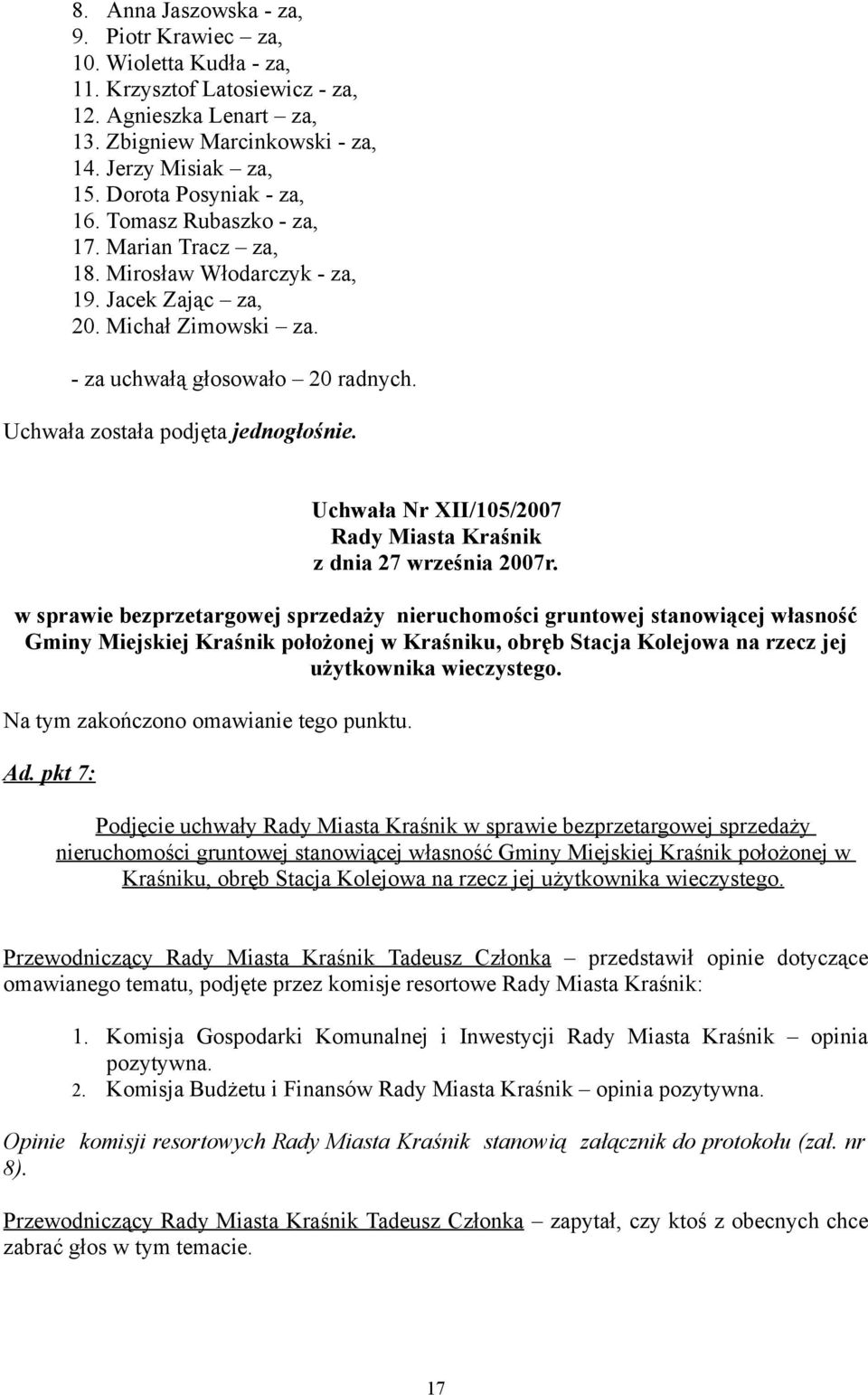 Uchwała została podjęta jednogłośnie. Uchwała Nr XII/105/2007 Rady Miasta Kraśnik z dnia 27 września 2007r.