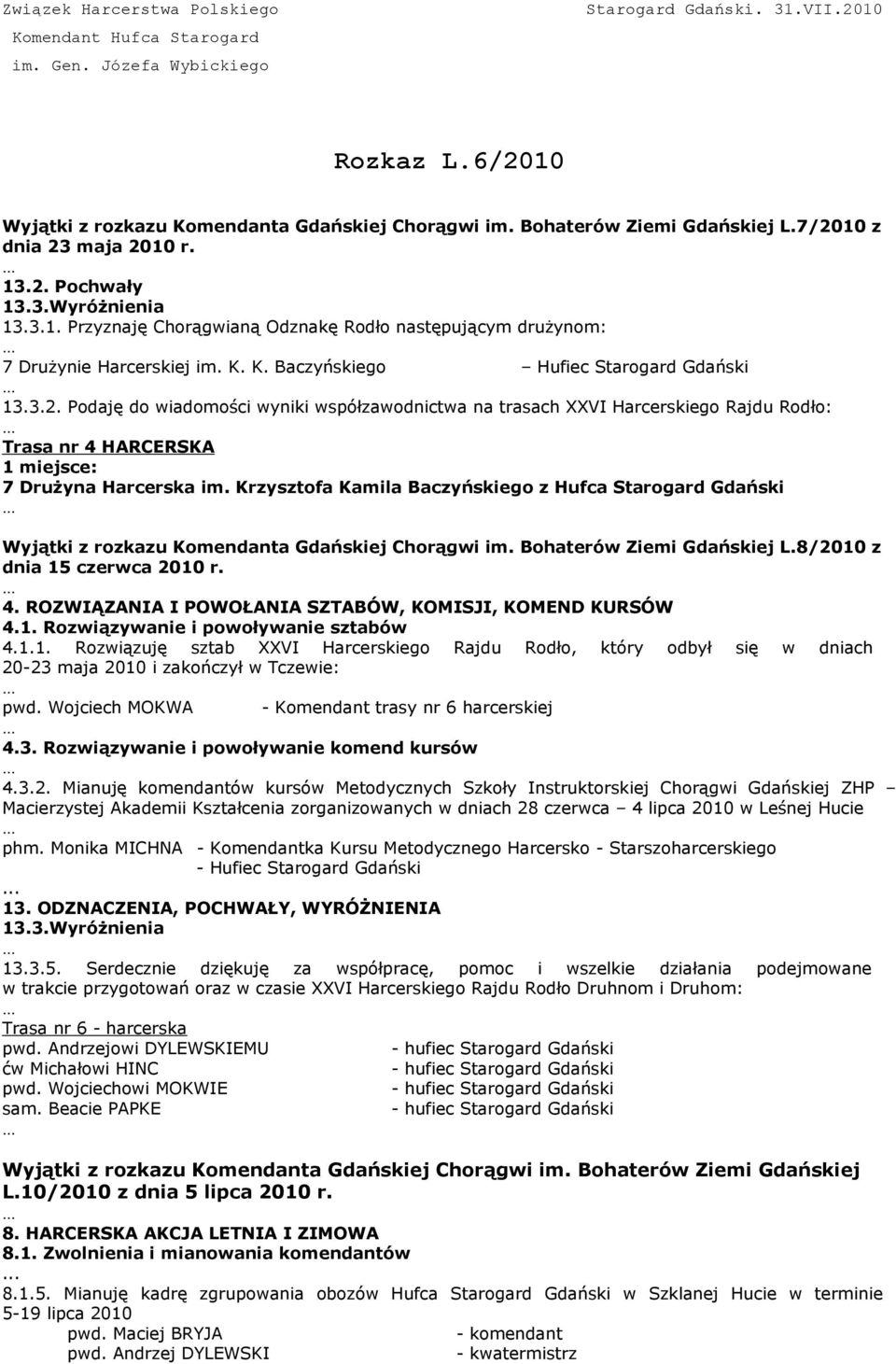 Podaję do wiadomości wyniki współzawodnictwa na trasach XXVI Harcerskiego Rajdu Rodło: Trasa nr 4 HARCERSKA 1 miejsce: 7 Drużyna Harcerska im.