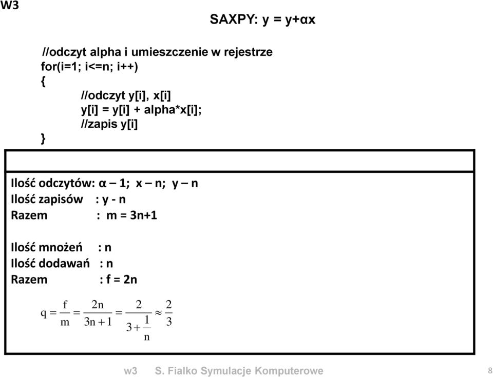 y[i] } Ilość odczytów: α 1; x n; y n Ilość zpisów : y - n Rzem : m