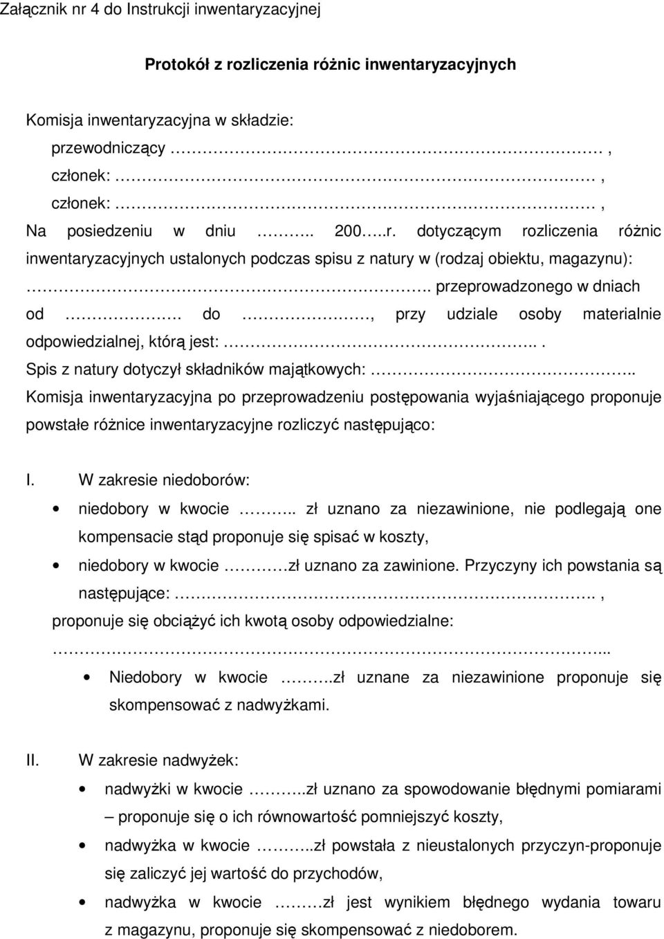 . Komisja inwentaryzacyjna po przeprowadzeniu postępowania wyjaśniającego proponuje powstałe różnice inwentaryzacyjne rozliczyć następująco: I. W zakresie niedoborów: niedobory w kwocie.