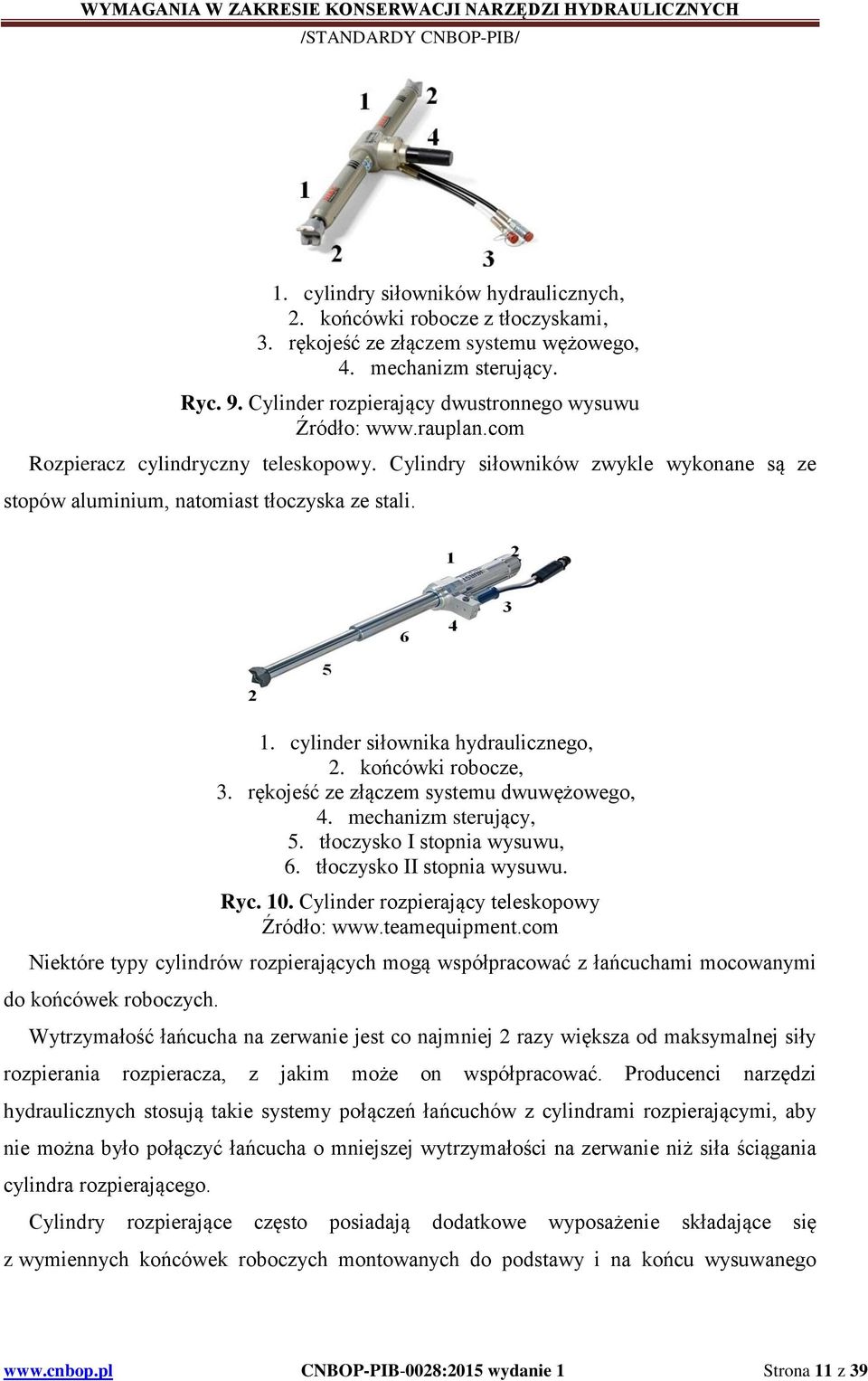 cylinder siłownika hydraulicznego, 2. końcówki robocze, 3. rękojeść ze złączem systemu dwuwężowego, 4. mechanizm sterujący, 5. tłoczysko I stopnia wysuwu, 6. tłoczysko II stopnia wysuwu. Ryc. 10.