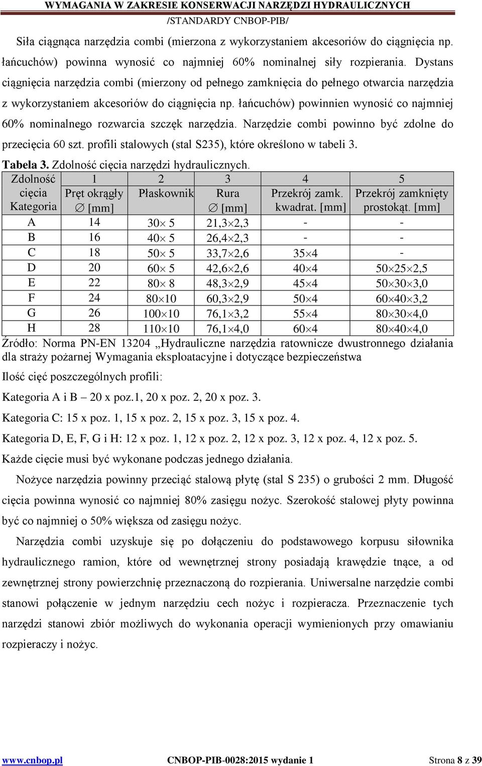 łańcuchów) powinnien wynosić co najmniej 60% nominalnego rozwarcia szczęk narzędzia. Narzędzie combi powinno być zdolne do przecięcia 60 szt. profili stalowych (stal S235), które określono w tabeli 3.