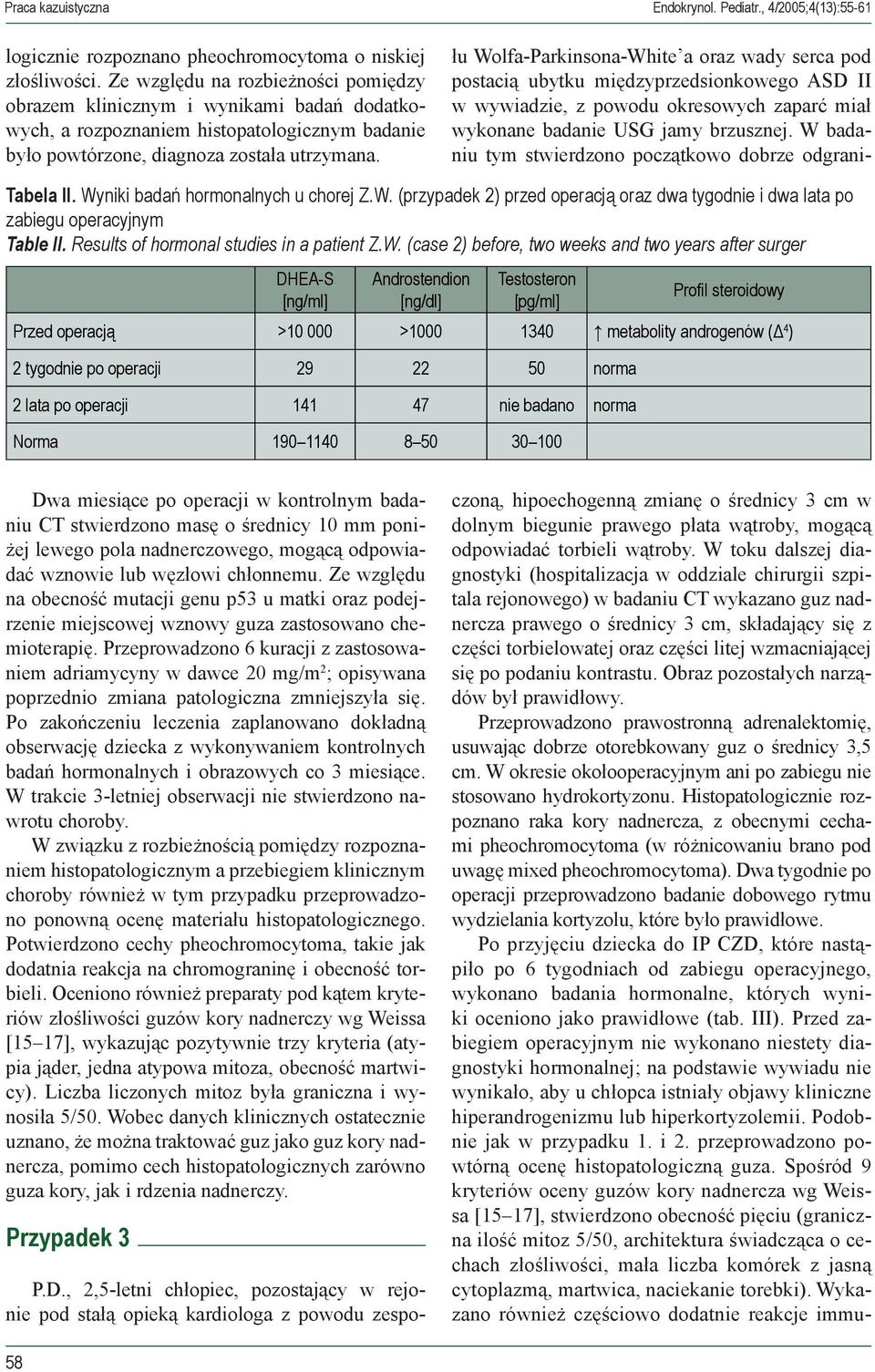 , 4/2005;4(13):55-61 Tabela II. Wyniki badań hormonalnych u chorej Z.W. (przypadek 2) przed operacją oraz dwa tygodnie i dwa lata po zabiegu operacyjnym Table II.