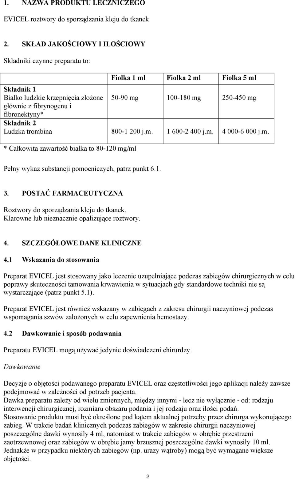 fibronektyny* Składnik 2 Ludzka trombina 800-1 200 j.m. 1 600-2 400 j.m. 4 000-6 000 j.m. * Całkowita zawartość białka to 80-120 mg/ml Pełny wykaz substancji pomocniczych, patrz punkt 6.1. 3.