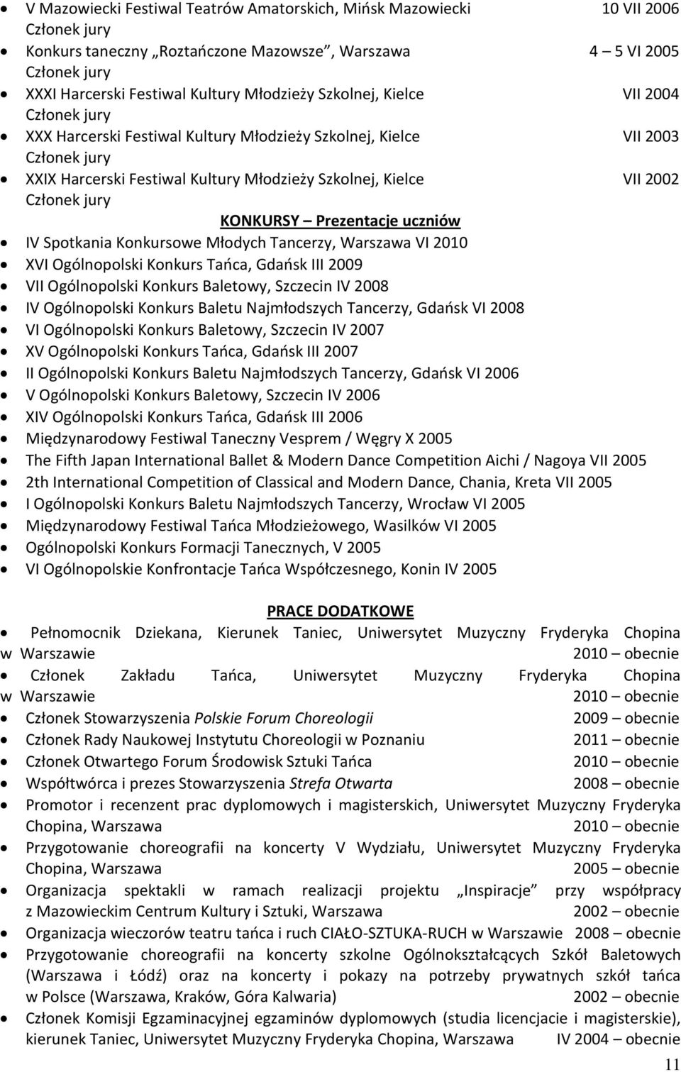 KONKURSY Prezentacje uczniów IV Spotkania Konkursowe Młodych Tancerzy, Warszawa VI 2010 XVI Ogólnopolski Konkurs Taoca, Gdaosk III 2009 VII Ogólnopolski Konkurs Baletowy, Szczecin IV 2008 IV